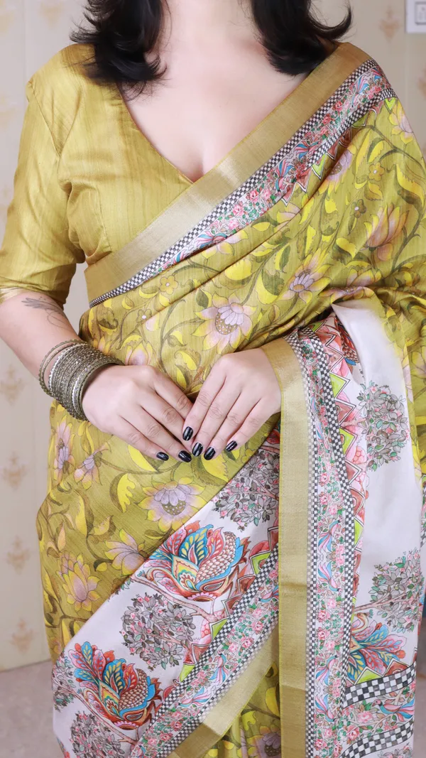 Yellow_Tussar_Silk_With_Zari_Woven_Saree_With_Blouse_Piece_For_Women_&_Girl