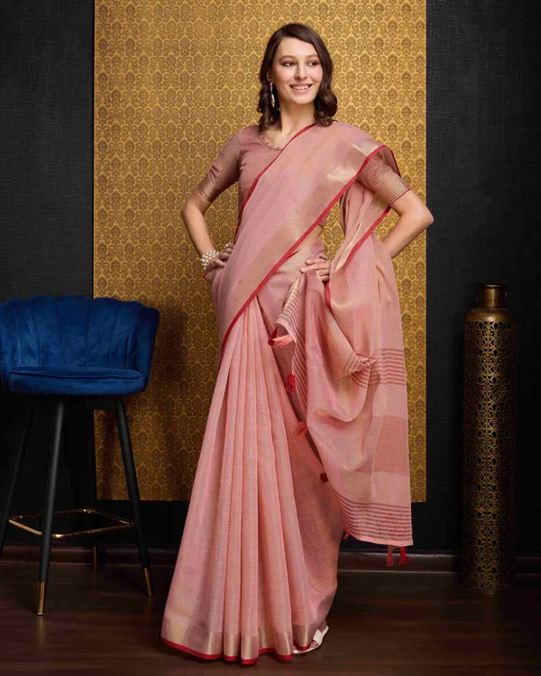 Peach_Linen_Saree_For_Women_&_Girls