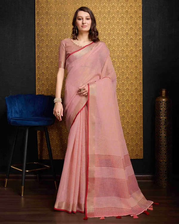 Peach_Linen_Saree_For_Women_&_Girls