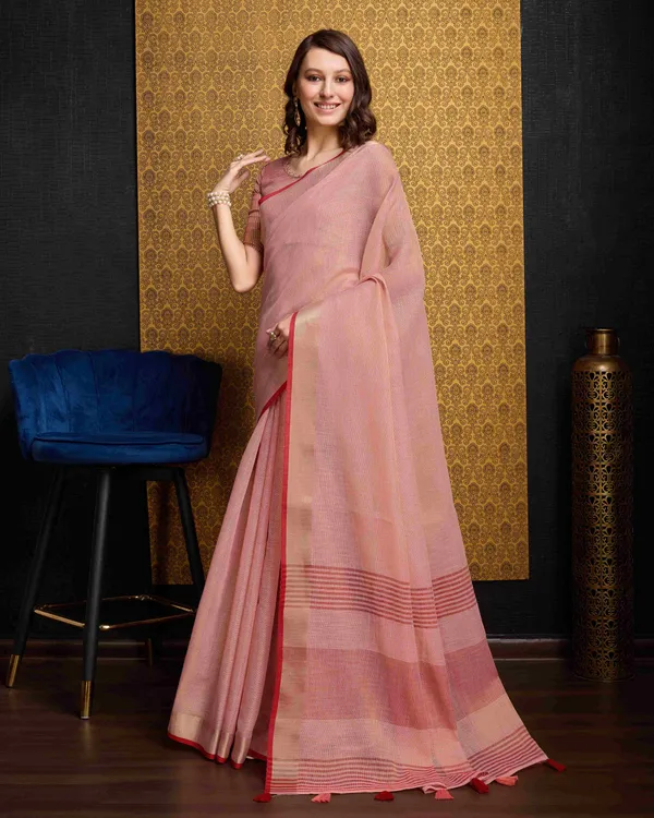 Peach_Linen_Saree_For_Women_&_Girls