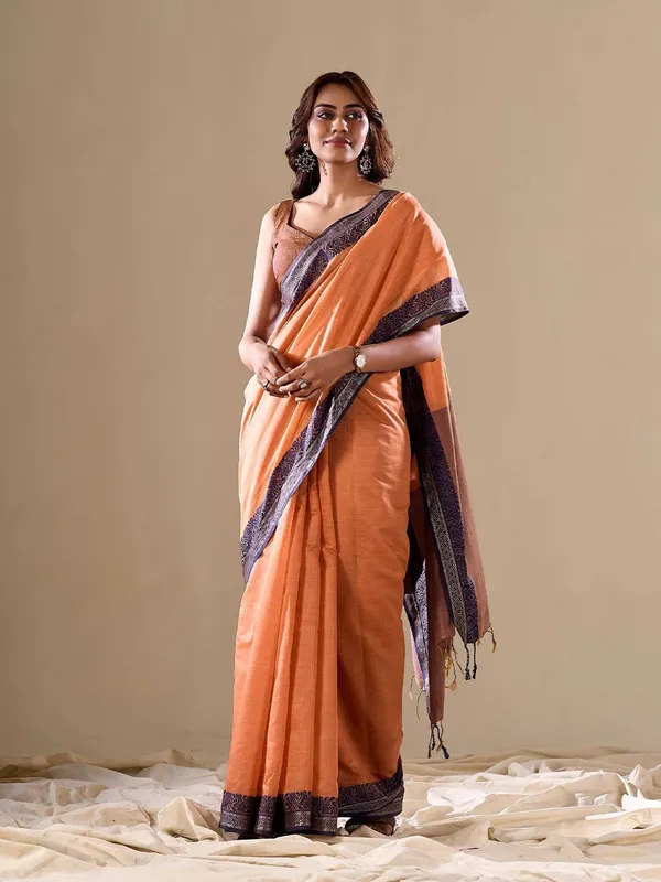 Light_Orange_Cotton_Saree_For_Women_&_Girls
