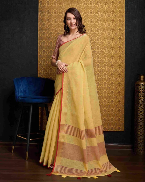 Yellow_Linen_Saree_For_Women_&_Girls