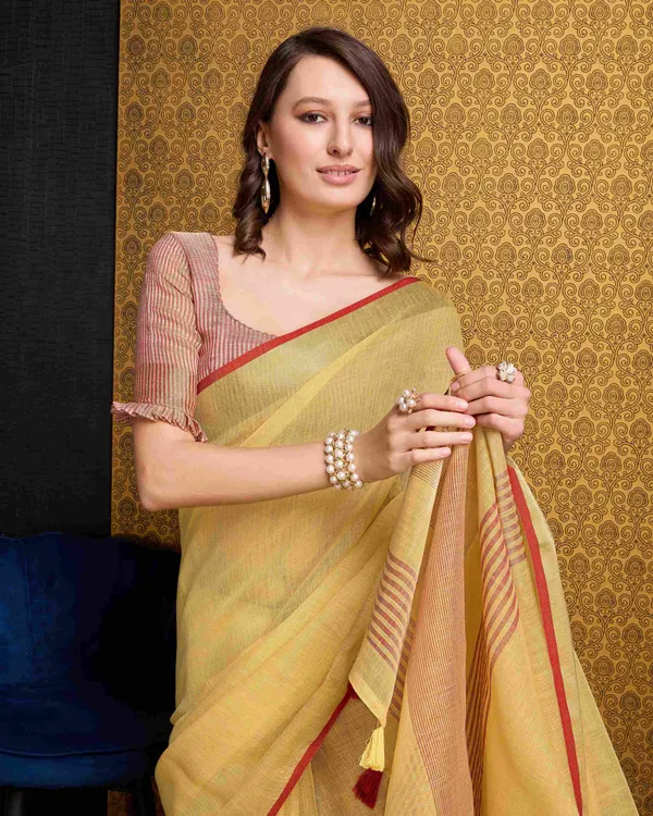 Yellow_Linen_Saree_For_Women_&_Girls