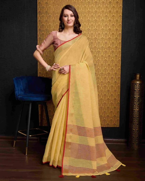 Yellow_Linen_Saree_For_Women_&_Girls