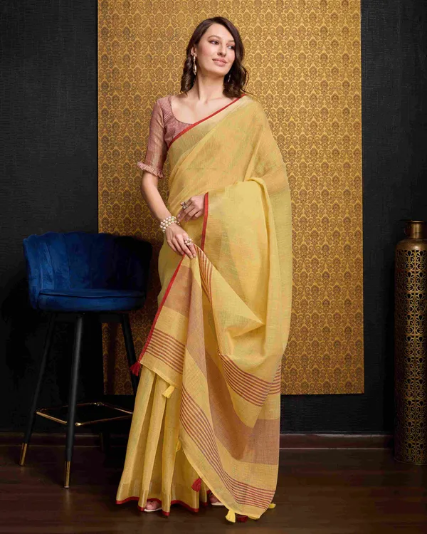 Yellow_Linen_Saree_For_Women_&_Girls