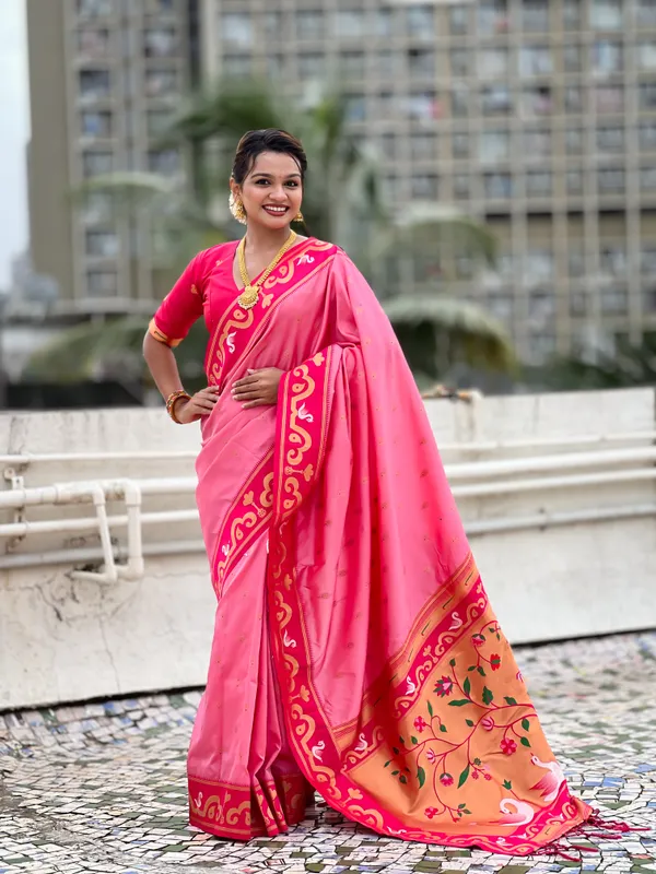 Baby_Pink_Paithani_Saree_With_Gold_Zari_Meenakari_Motifs_Saree_With_Blouse_Piece_For_Women_&_Girl