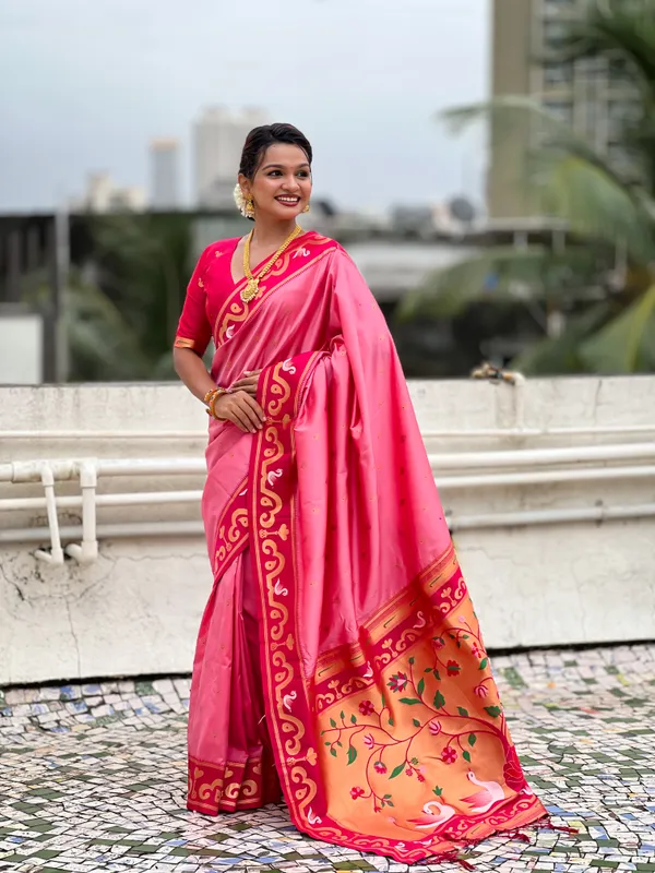 Baby_Pink_Paithani_Saree_With_Gold_Zari_Meenakari_Motifs_Saree_With_Blouse_Piece_For_Women_&_Girl
