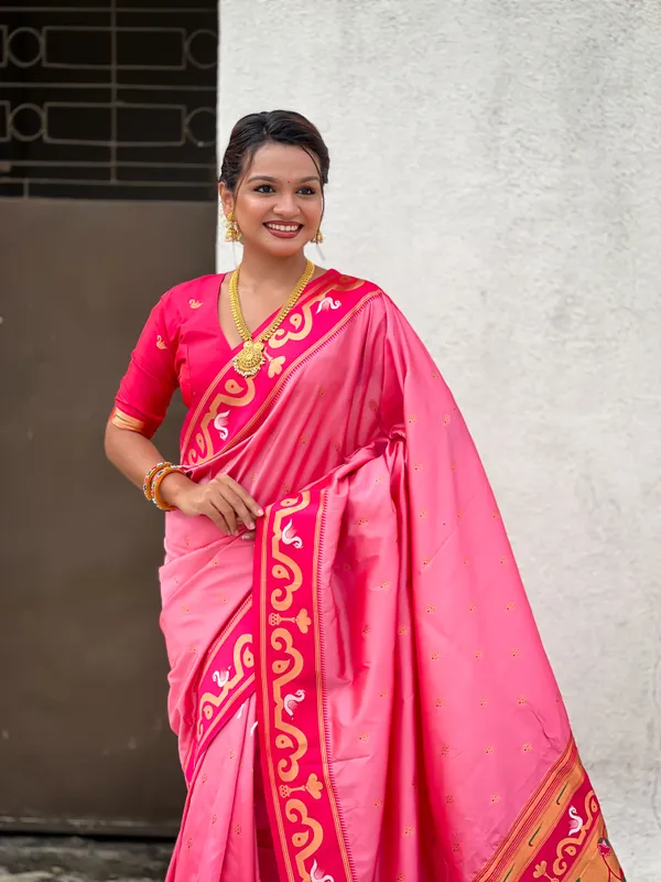 Baby_Pink_Paithani_Saree_With_Gold_Zari_Meenakari_Motifs_Saree_With_Blouse_Piece_For_Women_&_Girl