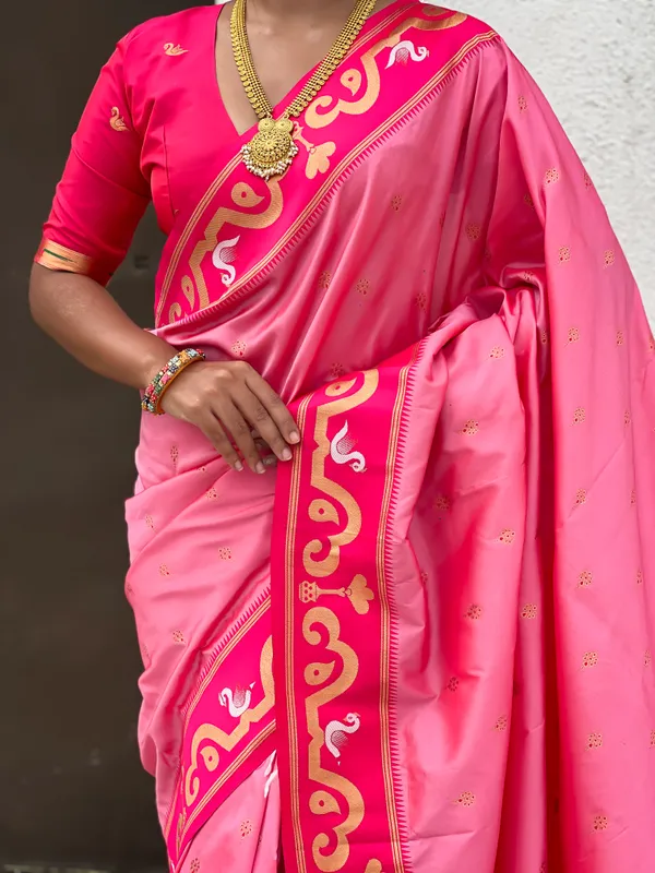 Baby_Pink_Paithani_Saree_With_Gold_Zari_Meenakari_Motifs_Saree_With_Blouse_Piece_For_Women_&_Girl