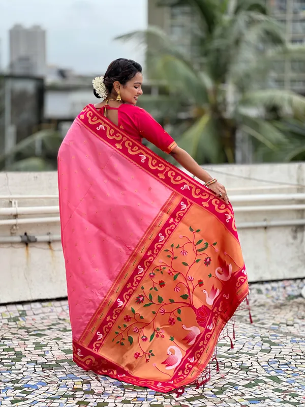 Baby_Pink_Paithani_Saree_With_Gold_Zari_Meenakari_Motifs_Saree_With_Blouse_Piece_For_Women_&_Girl
