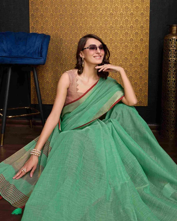 Sea_Green_Linen_Saree_For_Women_&_Girls