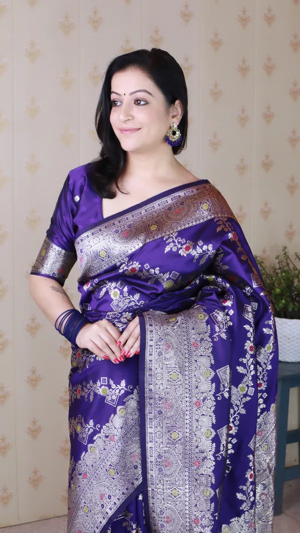 Violet_Premium_Banarasi_Soft_Silk_With_Silver_Zari_Meenakari_Jaal_Weaved_Saree_With_Blouse_Piece_For_Women_&_Girl