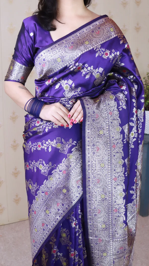 Violet_Premium_Banarasi_Soft_Silk_With_Silver_Zari_Meenakari_Jaal_Weaved_Saree_With_Blouse_Piece_For_Women_&_Girl