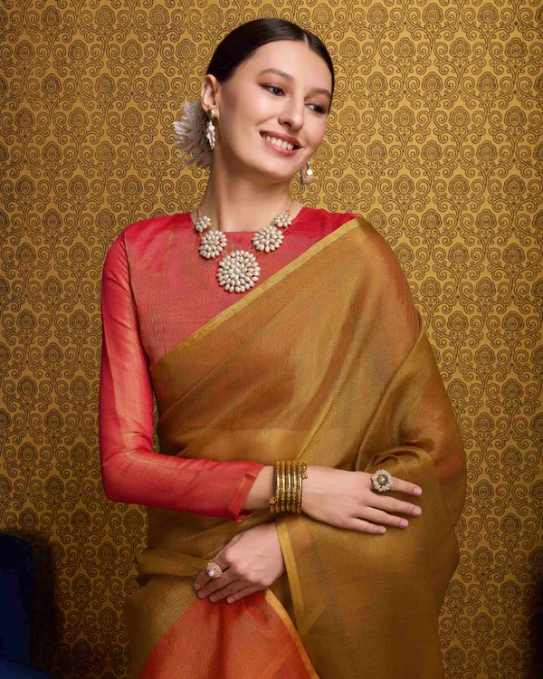 Gold_Linen_Saree_For_Women_&_Girls