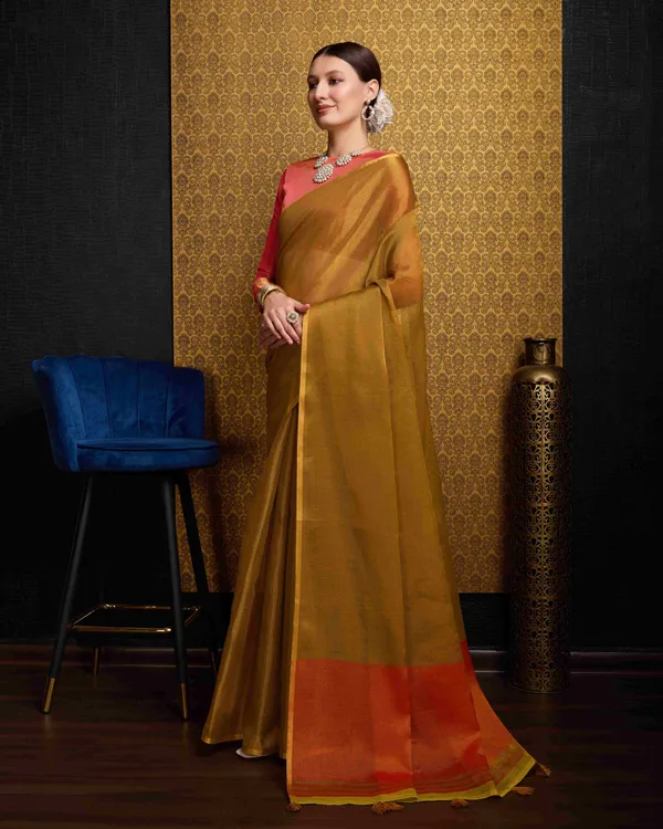 Gold_Linen_Saree_For_Women_&_Girls