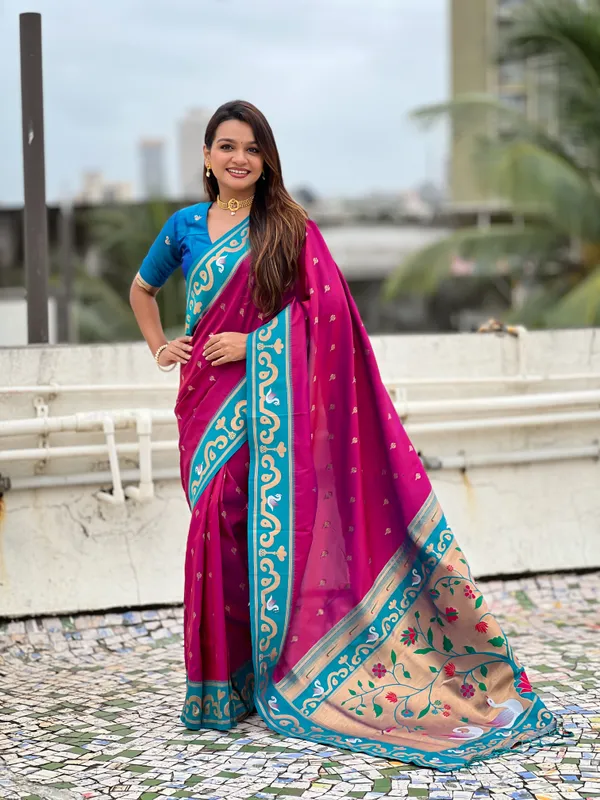 Magenta_Paithani_Saree_With_Gold_Zari_Meenakari_Motifs_Saree_With_Blouse_Piece_For_Women_&_Girl