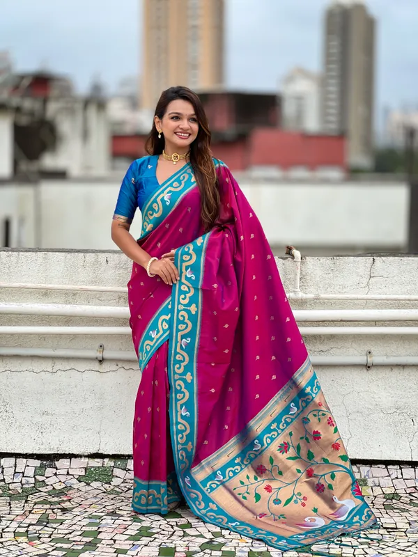 Magenta_Paithani_Saree_With_Gold_Zari_Meenakari_Motifs_Saree_With_Blouse_Piece_For_Women_&_Girl