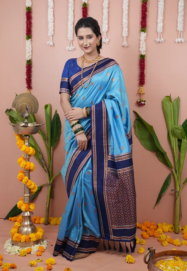 Sky_Soft_Silk_With_Floral_Motifs_Weaved_Saree_With_Blouse_Piece_For_Women_&_Girl