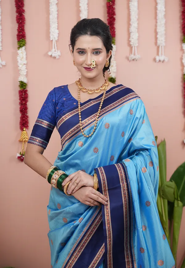 Sky_Soft_Silk_With_Floral_Motifs_Weaved_Saree_With_Blouse_Piece_For_Women_&_Girl