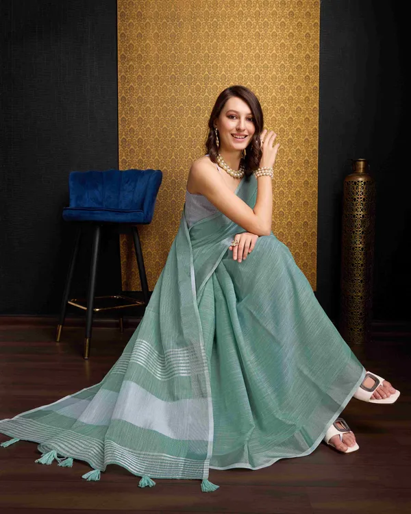 Firozi_Linen_Saree_For_Women_&_Girls