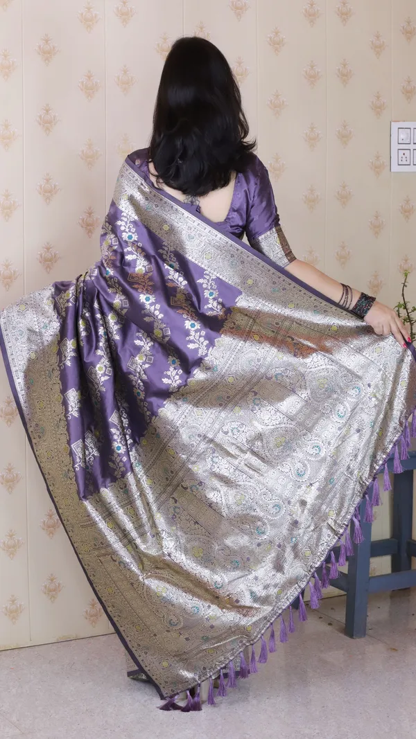 Lavender_Premium_Banarasi_Soft_Silk_With_Silver_Zari_Meenakari_Jaal_Weaved_Saree_With_Blouse_Piece_For_Women_&_Girl