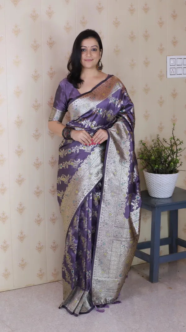 Lavender_Premium_Banarasi_Soft_Silk_With_Silver_Zari_Meenakari_Jaal_Weaved_Saree_With_Blouse_Piece_For_Women_&_Girl