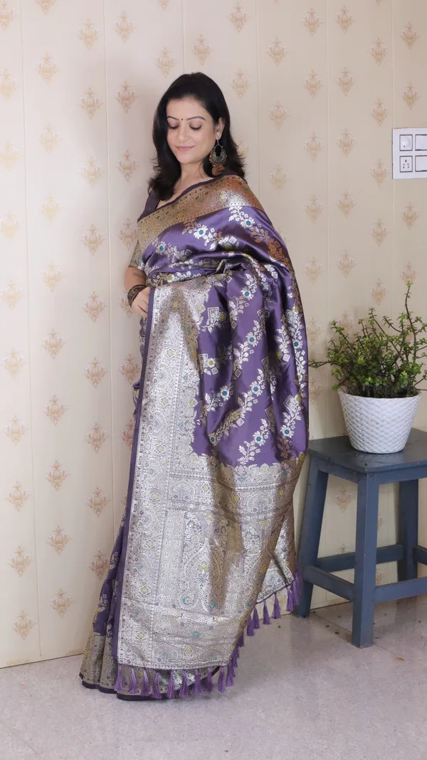 Lavender_Premium_Banarasi_Soft_Silk_With_Silver_Zari_Meenakari_Jaal_Weaved_Saree_With_Blouse_Piece_For_Women_&_Girl