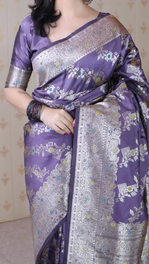 Lavender_Premium_Banarasi_Soft_Silk_With_Silver_Zari_Meenakari_Jaal_Weaved_Saree_With_Blouse_Piece_For_Women_&_Girl