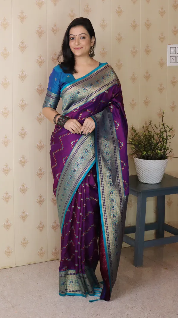 Violet_Premium_Banarasi_Soft_Silk_With_Gold_Zari_Zig_Zag_Geometric_Weaved_Saree_With_Blouse_Piece_For_Women_&_Girl