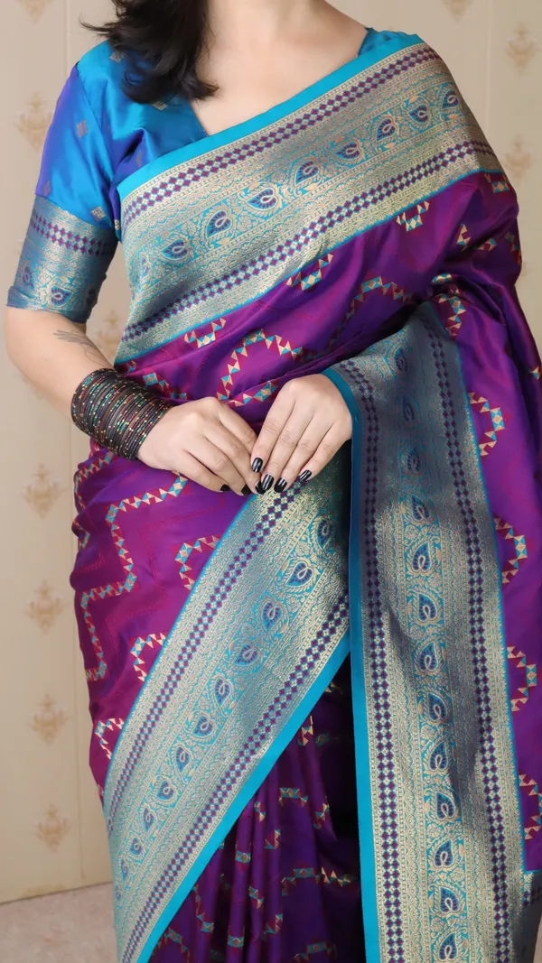 Violet_Premium_Banarasi_Soft_Silk_With_Gold_Zari_Zig_Zag_Geometric_Weaved_Saree_With_Blouse_Piece_For_Women_&_Girl