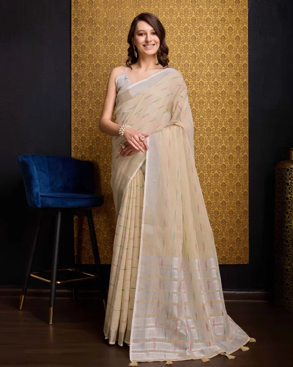 Beige_Organza_Saree_For_Women_&_Girls