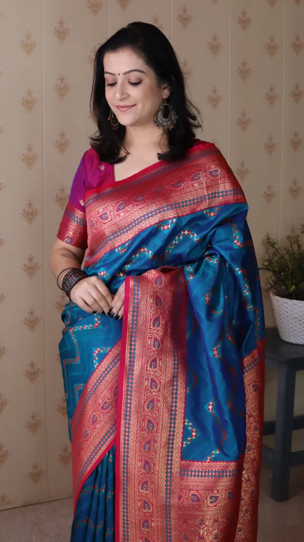 Royal_Blue_Premium_Banarasi_Soft_Silk_With_Gold_Zari_Zig_Zag_Geometric_Weaved_Saree_With_Blouse_Piece_For_Women_&_Girl