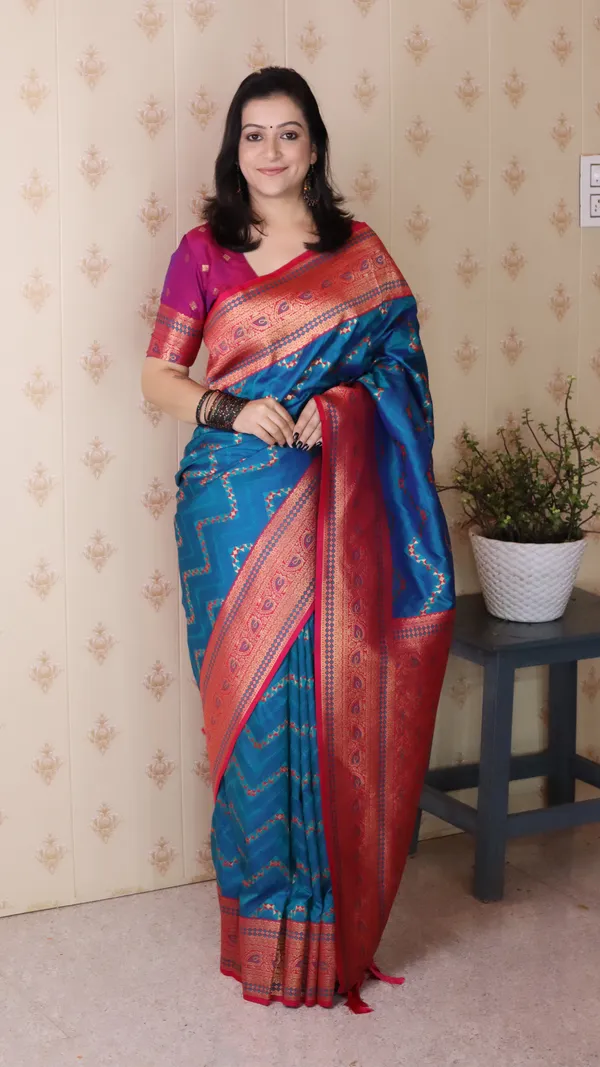 Royal_Blue_Premium_Banarasi_Soft_Silk_With_Gold_Zari_Zig_Zag_Geometric_Weaved_Saree_With_Blouse_Piece_For_Women_&_Girl