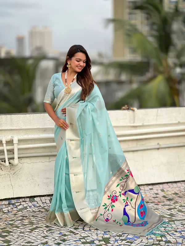 Teal_Soft_Organza_Saree_With_Butti_Meenakari_Zari_Weaved_Saree_With_Blouse_Piece_For_Women_&_Girl