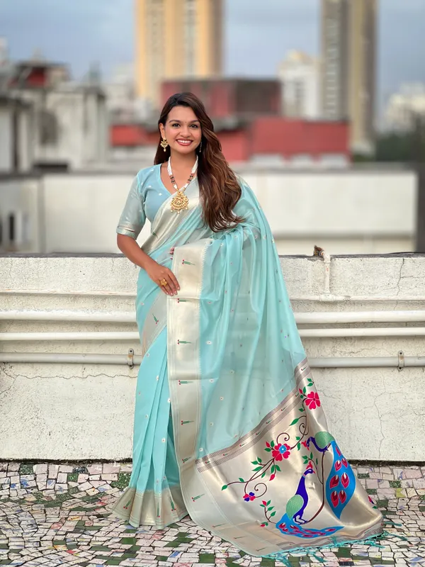 Teal_Soft_Organza_Saree_With_Butti_Meenakari_Zari_Weaved_Saree_With_Blouse_Piece_For_Women_&_Girl