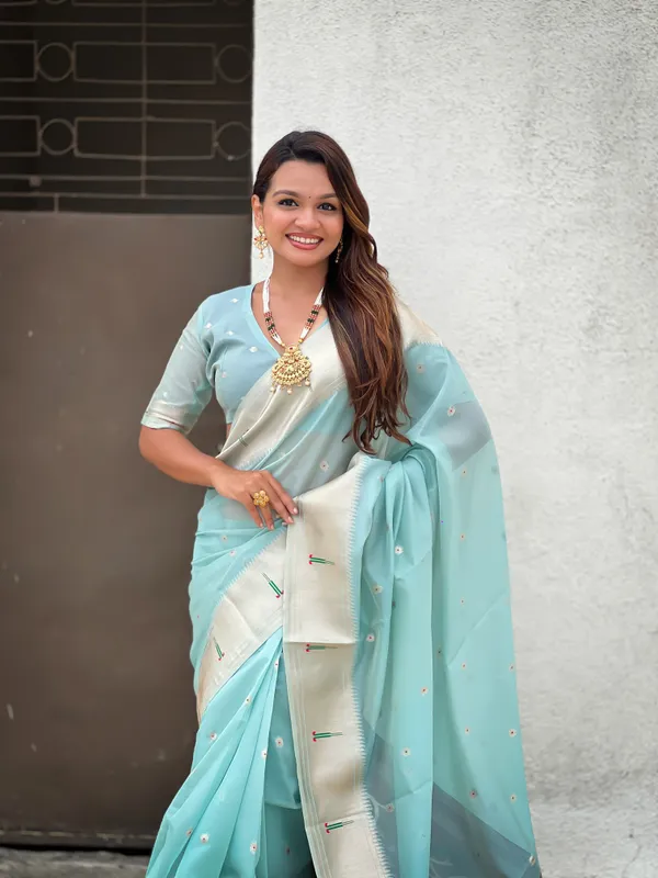 Teal_Soft_Organza_Saree_With_Butti_Meenakari_Zari_Weaved_Saree_With_Blouse_Piece_For_Women_&_Girl