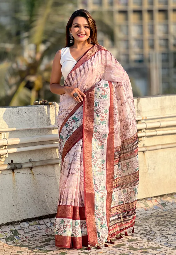 Peach_Soft_Chanderi_Crush_Saree_With_Floral_Prints_Saree_With_Blouse_Piece_For_Women_&_Girl