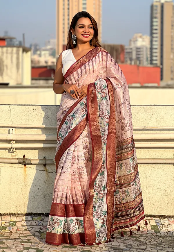 Peach_Soft_Chanderi_Crush_Saree_With_Floral_Prints_Saree_With_Blouse_Piece_For_Women_&_Girl