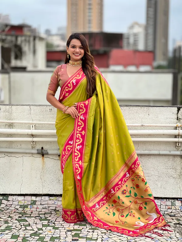 Mehandi_Paithani_Saree_With_Gold_Zari_Meenakari_Motifs_Saree_With_Blouse_Piece_For_Women_&_Girl