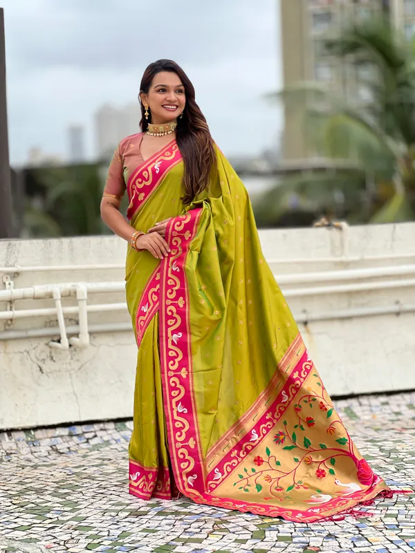 Mehandi_Paithani_Saree_With_Gold_Zari_Meenakari_Motifs_Saree_With_Blouse_Piece_For_Women_&_Girl