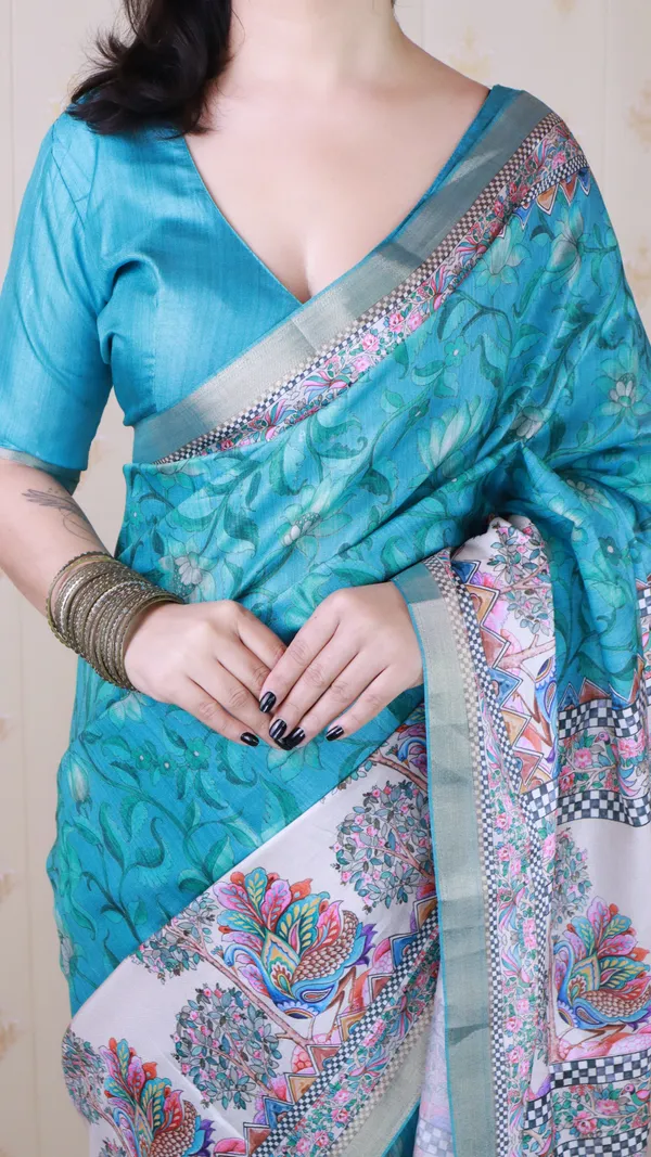 Turquoise_Blue_Tussar_Silk_With_Zari_Woven_Saree_With_Blouse_Piece_For_Women_&_Girl
