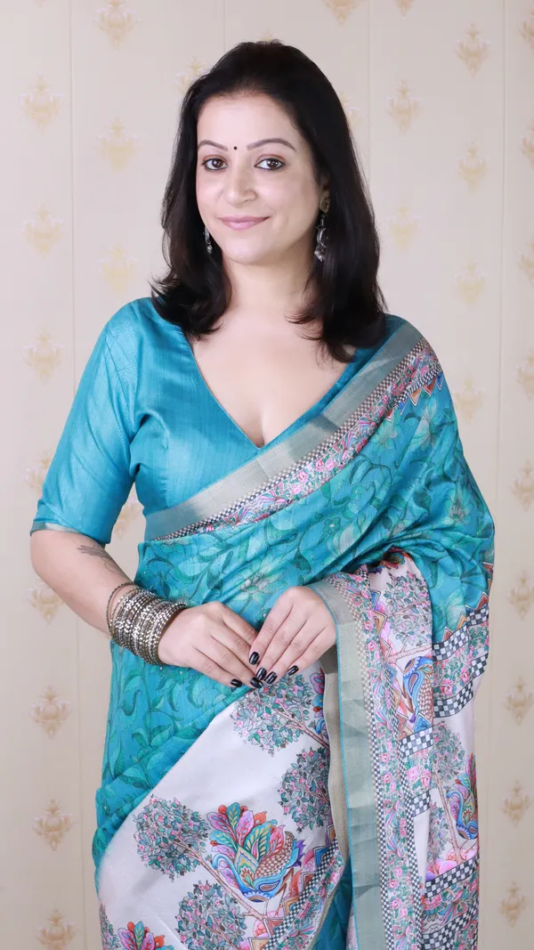 Turquoise_Blue_Tussar_Silk_With_Zari_Woven_Saree_With_Blouse_Piece_For_Women_&_Girl