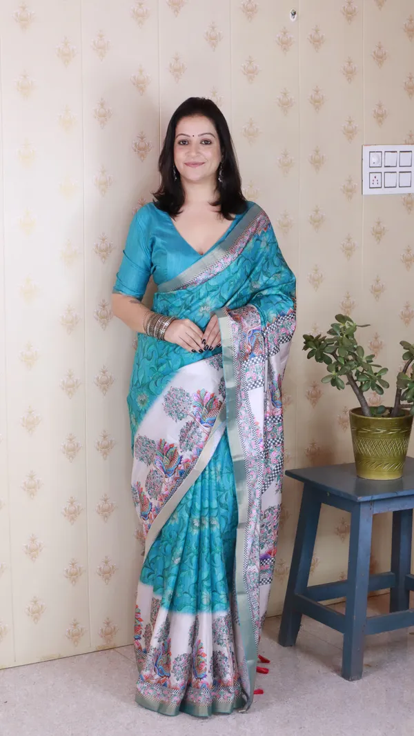 Turquoise_Blue_Tussar_Silk_With_Zari_Woven_Saree_With_Blouse_Piece_For_Women_&_Girl