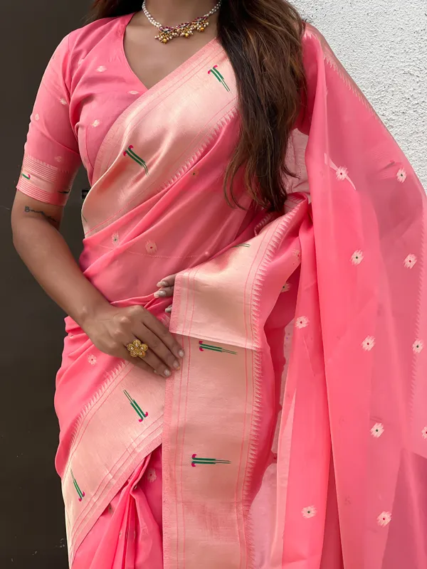 Pink_Soft_Organza_Saree_With_Butti_Meenakari_Zari_Weaved_Saree_With_Blouse_Piece_For_Women_&_Girl
