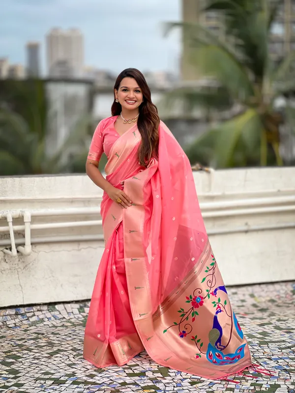 Pink_Soft_Organza_Saree_With_Butti_Meenakari_Zari_Weaved_Saree_With_Blouse_Piece_For_Women_&_Girl