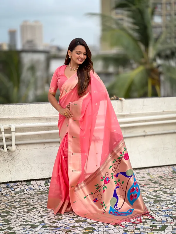 Pink_Soft_Organza_Saree_With_Butti_Meenakari_Zari_Weaved_Saree_With_Blouse_Piece_For_Women_&_Girl