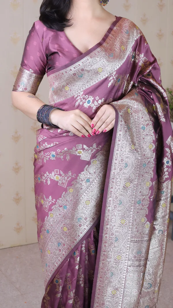 Coral_Premium_Banarasi_Soft_Silk_With_Silver_Zari_Meenakari_Jaal_Weaved_Saree_With_Blouse_Piece_For_Women_&_Girl