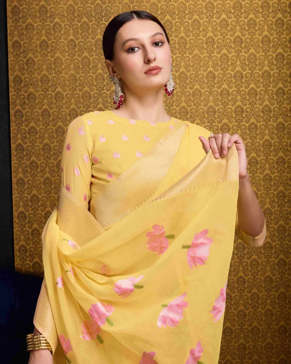 Yellow_Linen_Saree_For_Women_&_Girls