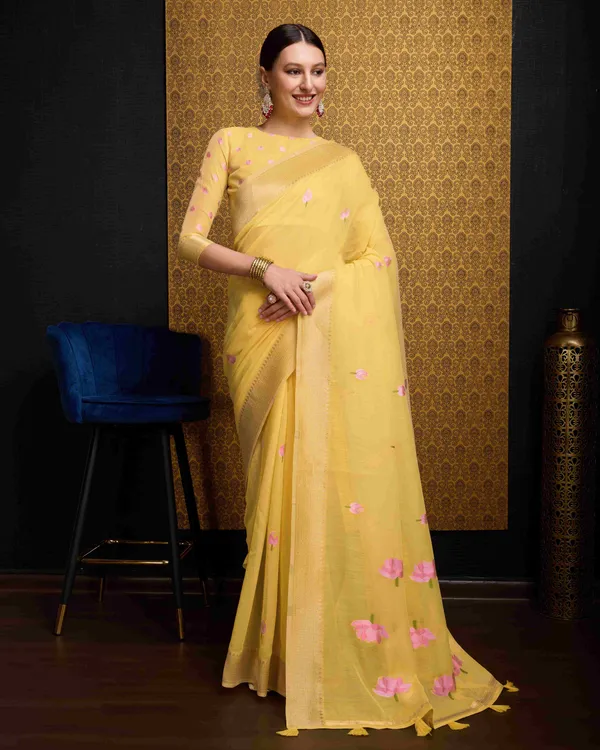 Yellow_Linen_Saree_For_Women_&_Girls