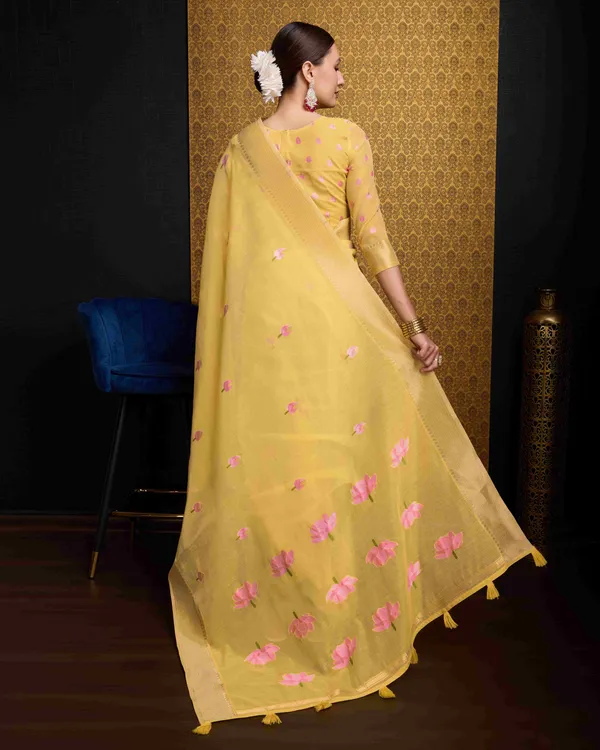 Yellow_Linen_Saree_For_Women_&_Girls